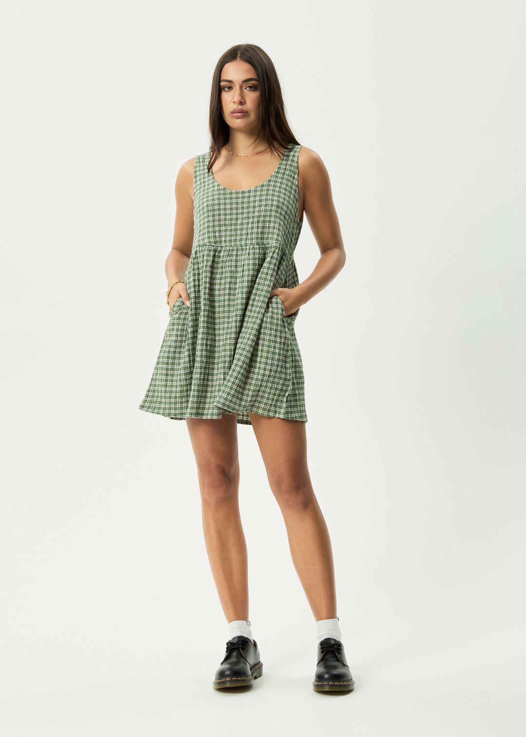 AFENDS Womens Base Jesse - Seersucker Mini Dress - Deep Green Check