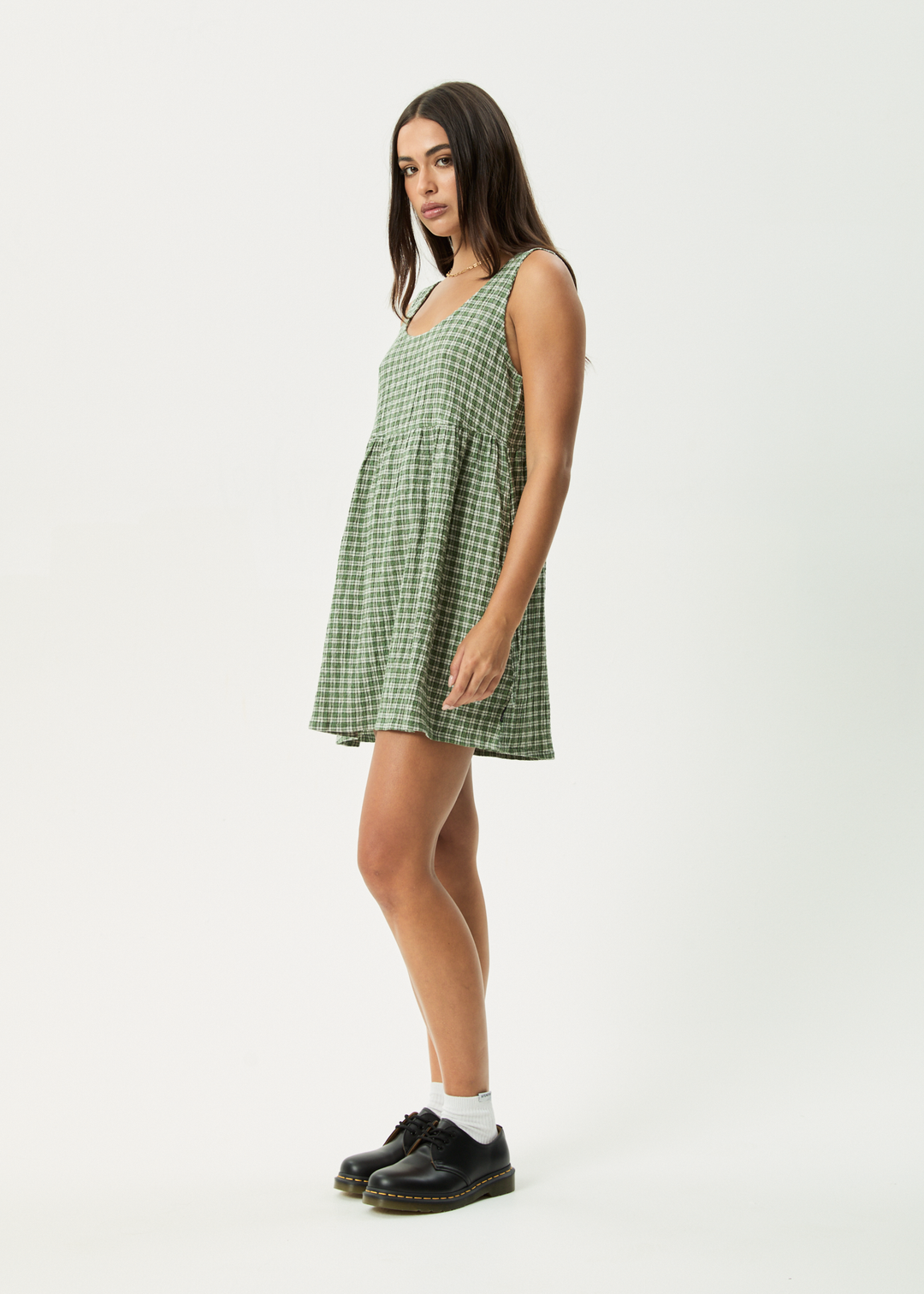 AFENDS Womens Base Jesse - Seersucker Mini Dress - Deep Green Check