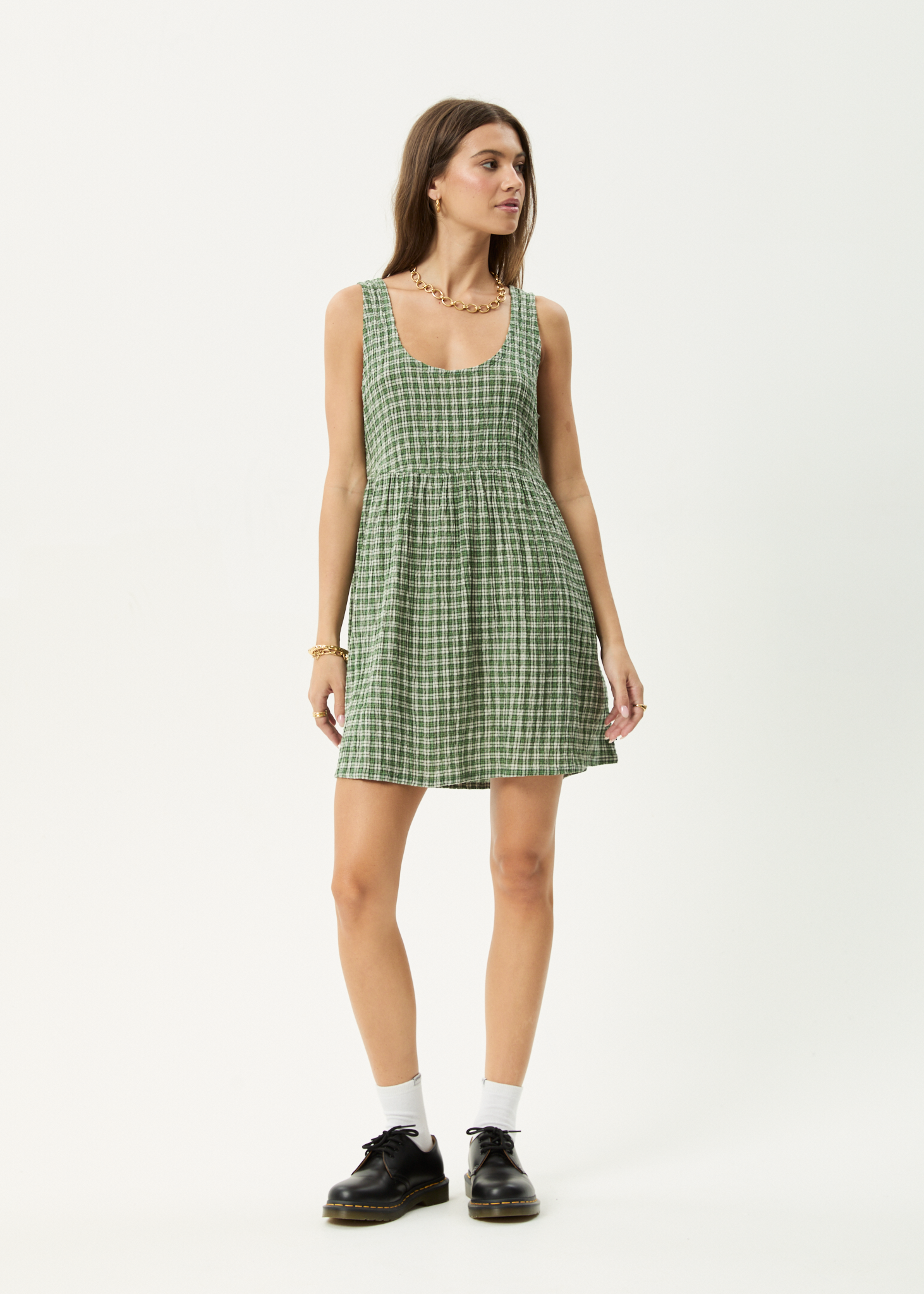 AFENDS Womens Jesse - Seersucker Mini Dress - Deep Green Check, S AFENDS Womens Jesse - Seersucker Mini Dress - Deep Green Check, S