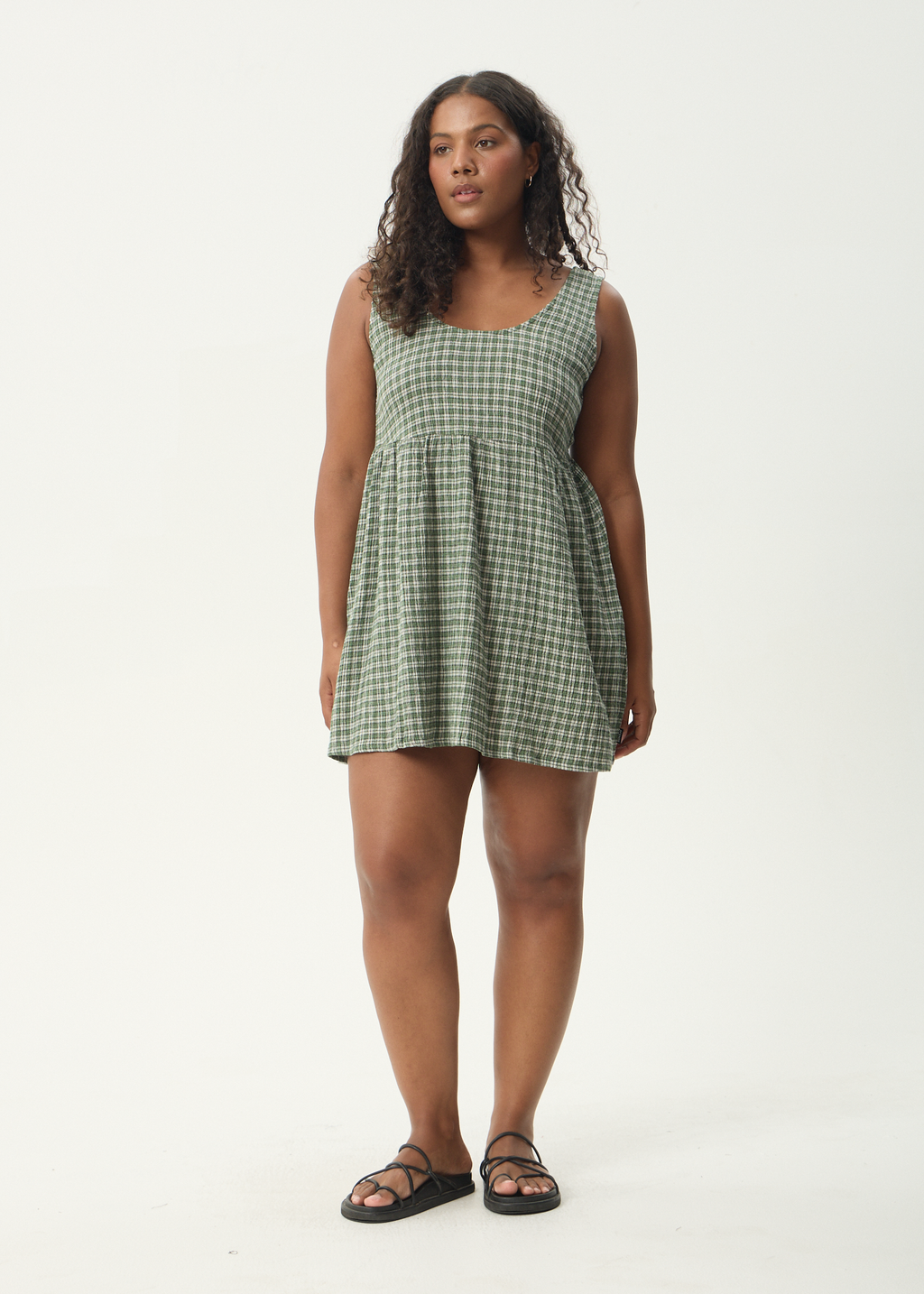 AFENDS Womens Base Jesse - Seersucker Mini Dress - Deep Green Check