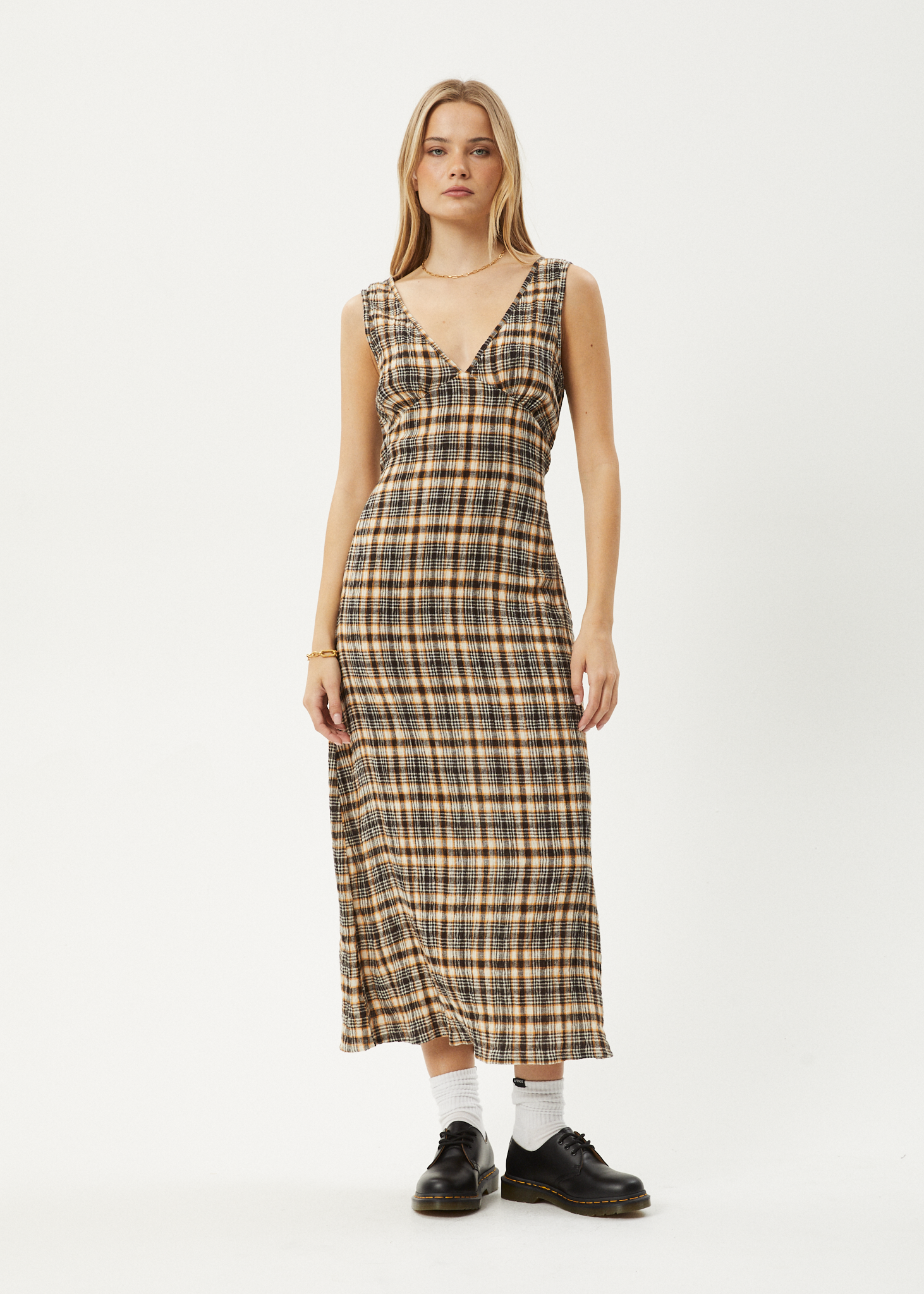 AFENDS Womens Check Out - Seersucker Maxi Dress - Moonbeam Check 