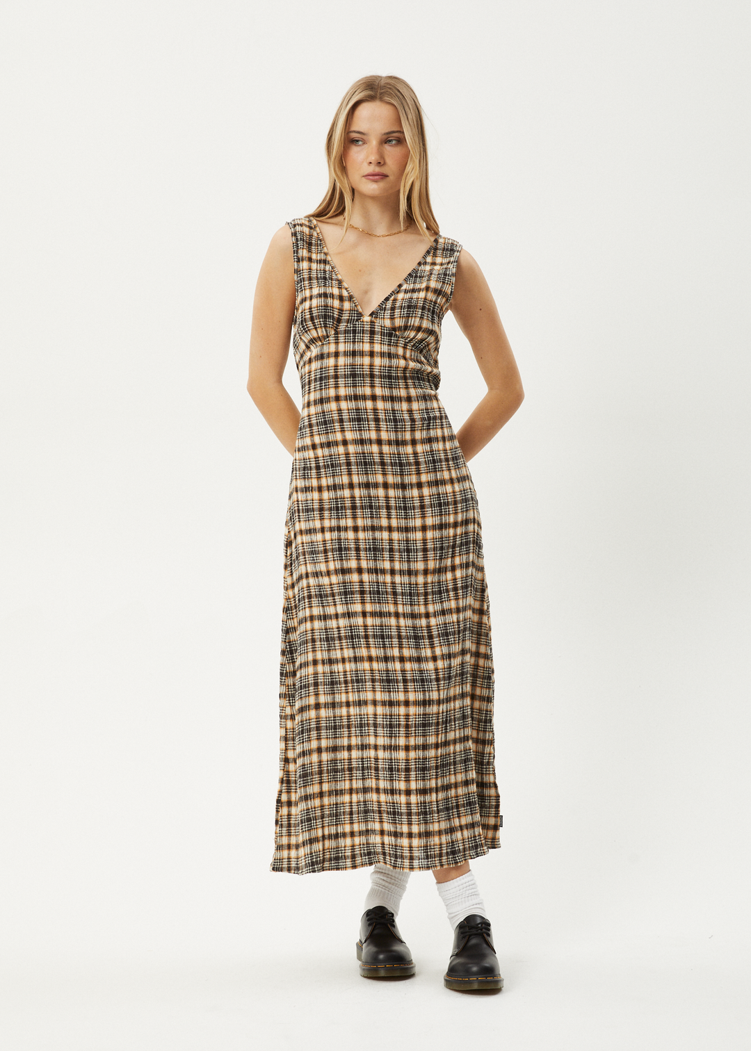 AFENDS Womens Check Out - Seersucker Maxi Dress - Moonbeam Check 