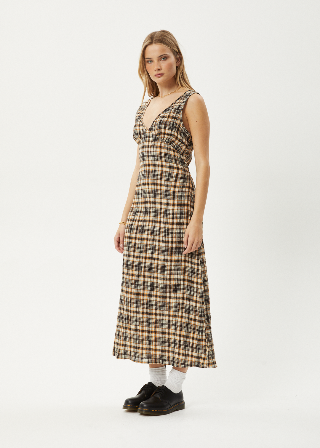 AFENDS Womens Check Out - Seersucker Maxi Dress - Moonbeam Check 