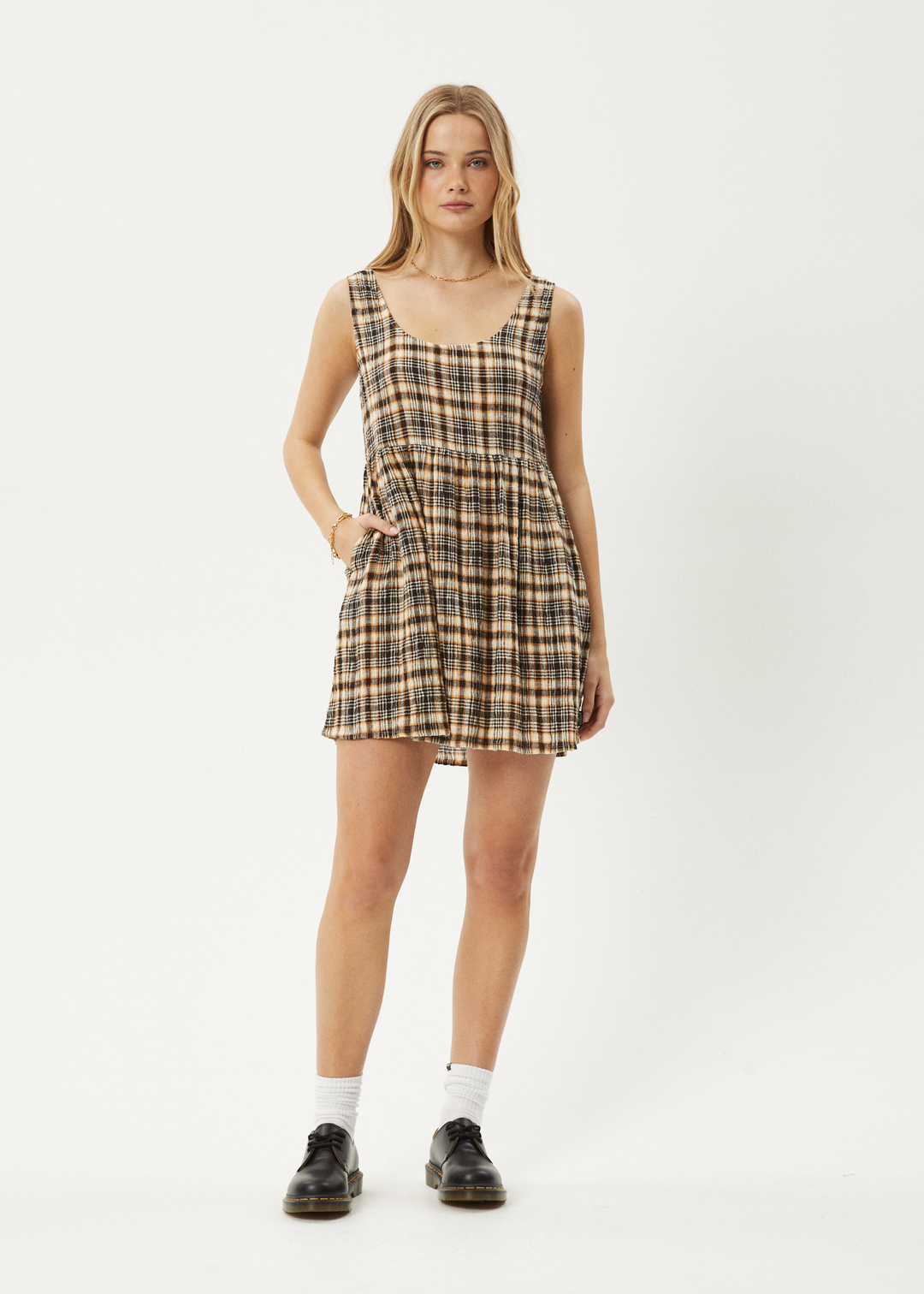 AFENDS Womens Check Out Jesse - Seersucker Mini Dress - Moonbeam Check 