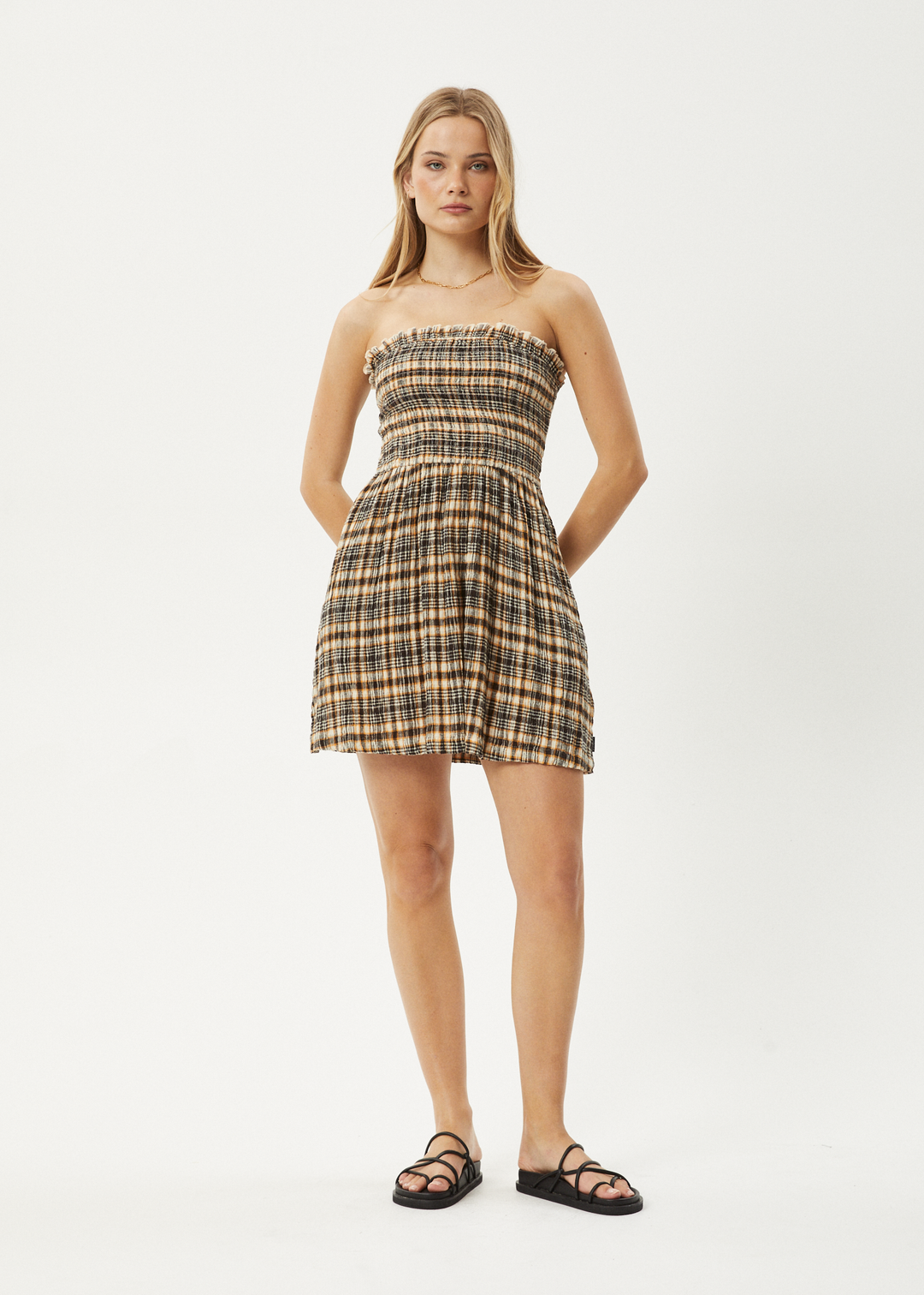 AFENDS Womens Check Out - Seersucker Strapless Dress - Moonbeam Check 