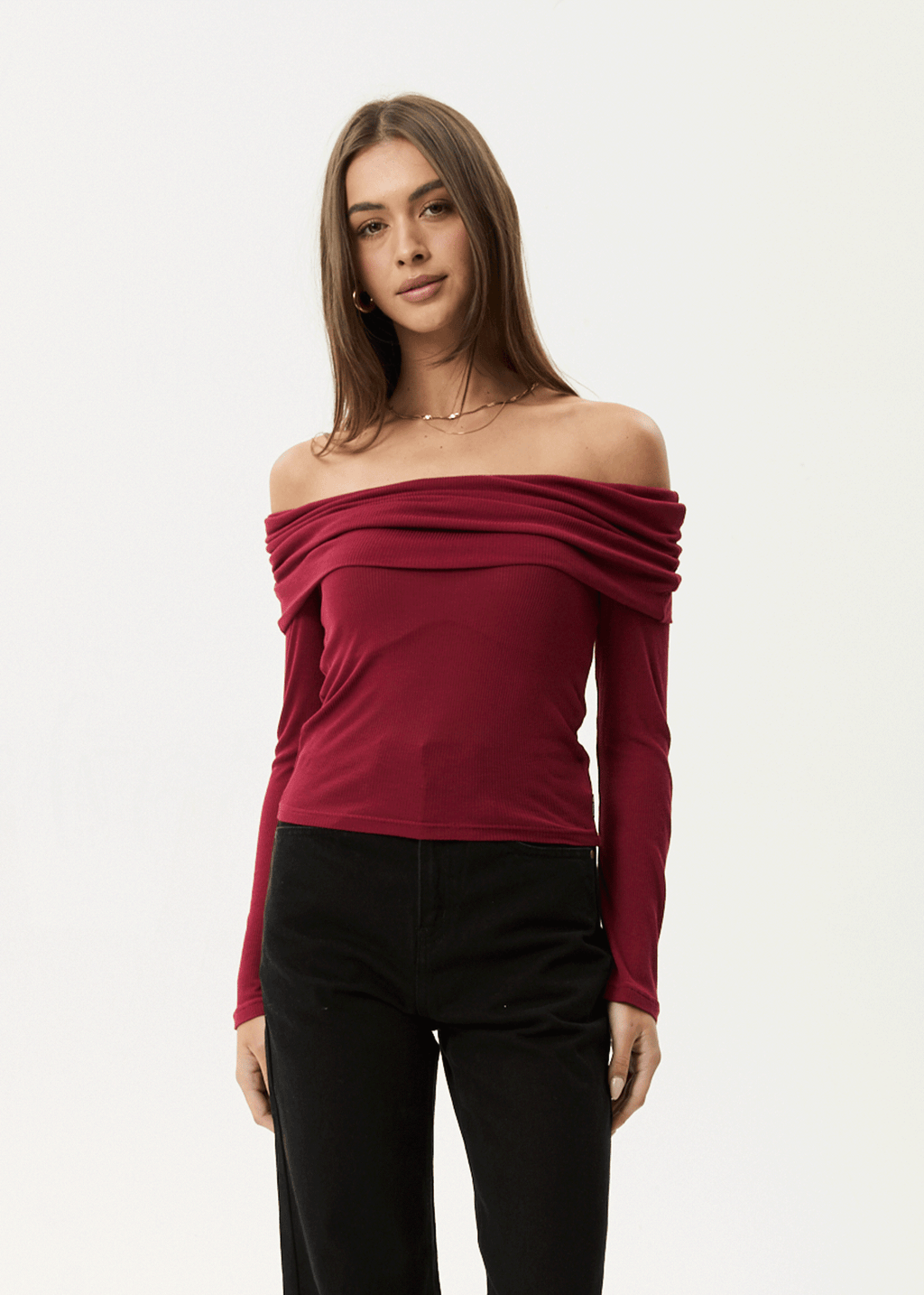 AFENDS Womens Beckett - Off-Shoulder Long Sleeve Top - Burgundy