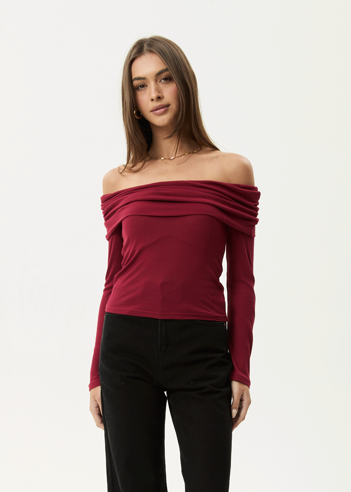 AFENDS Womens Beckett - Off-Shoulder Long Sleeve Top - Burgundy