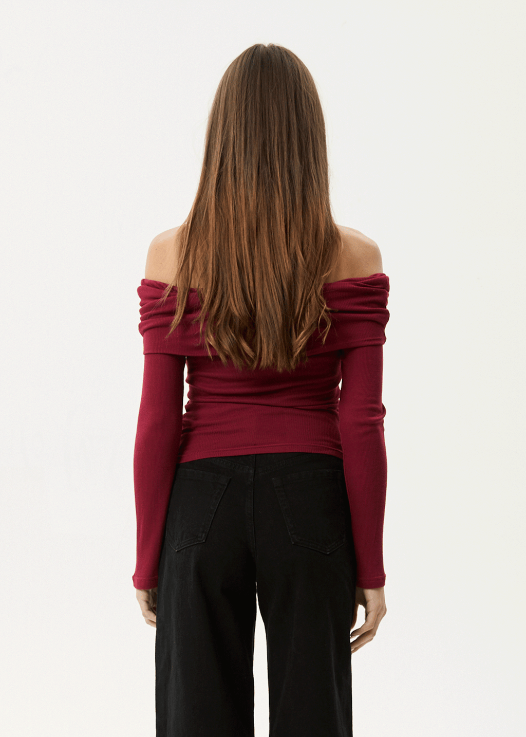 AFENDS Womens Beckett - Off-Shoulder Long Sleeve Top - Burgundy