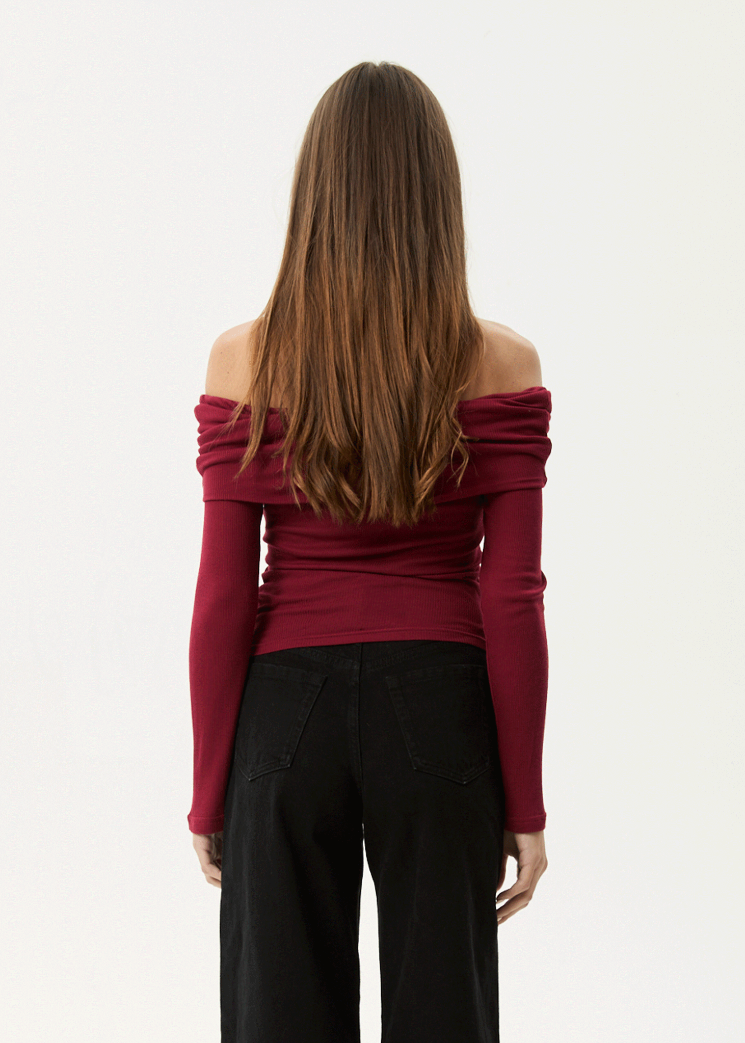 AFENDS Womens Beckett - Off-Shoulder Long Sleeve Top - Burgundy