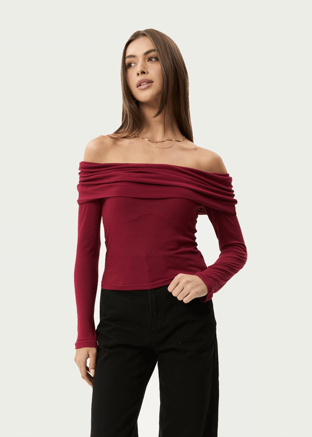 AFENDS Womens Beckett - Off-Shoulder Long Sleeve Top - Burgundy
