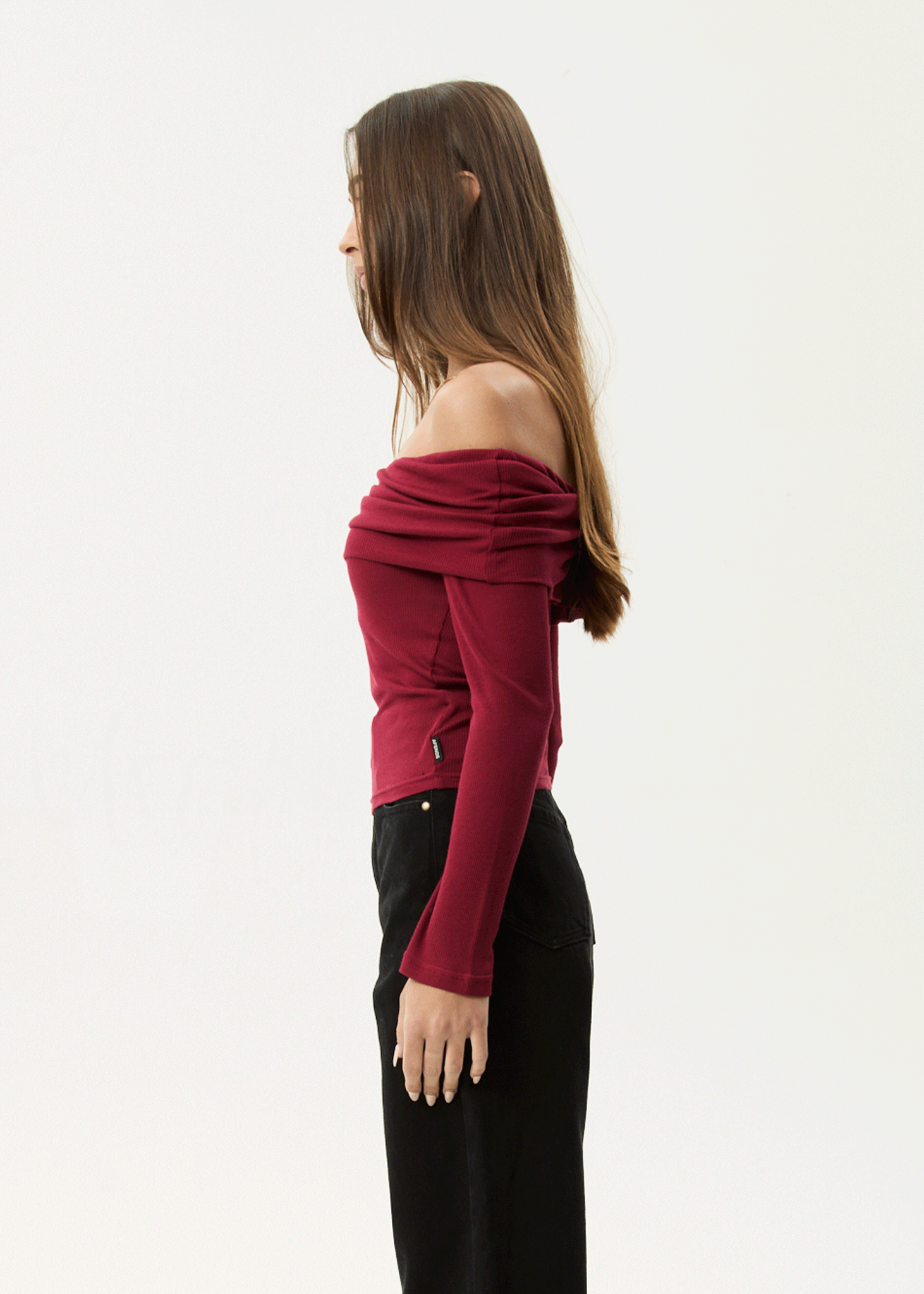 AFENDS Womens Beckett - Off-Shoulder Long Sleeve Top - Burgundy