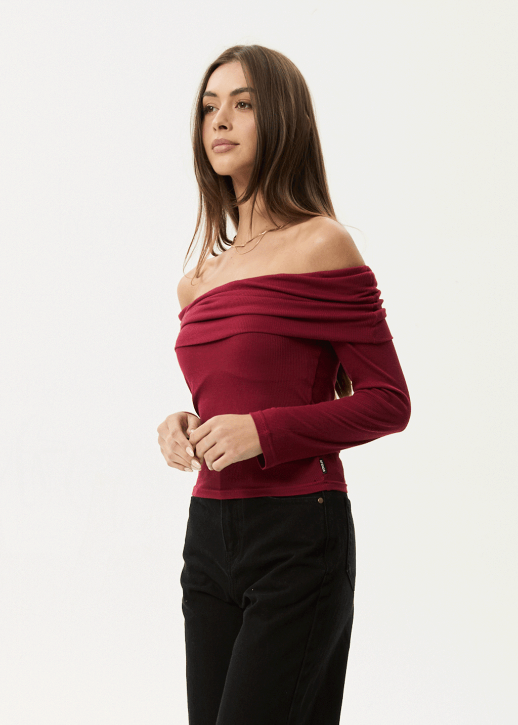 AFENDS Womens Beckett - Off-Shoulder Long Sleeve Top - Burgundy