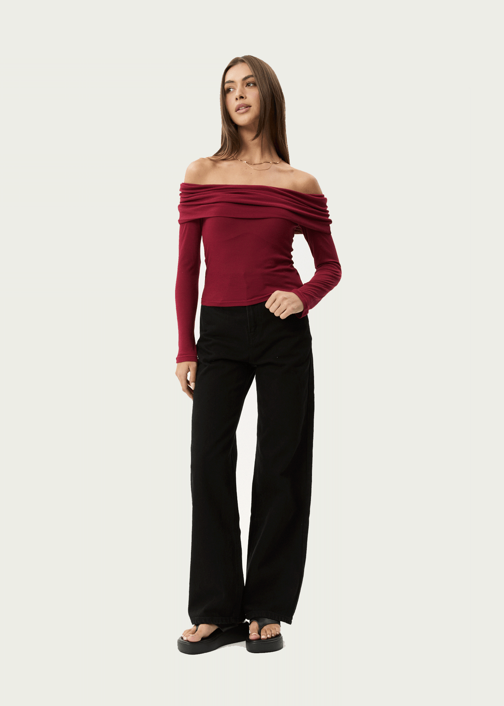 AFENDS Womens Beckett - Off-Shoulder Long Sleeve Top - Burgundy