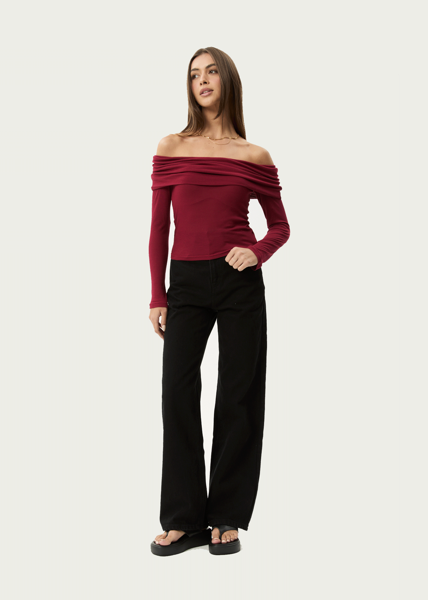 AFENDS Womens Beckett - Off-Shoulder Long Sleeve Top - Burgundy