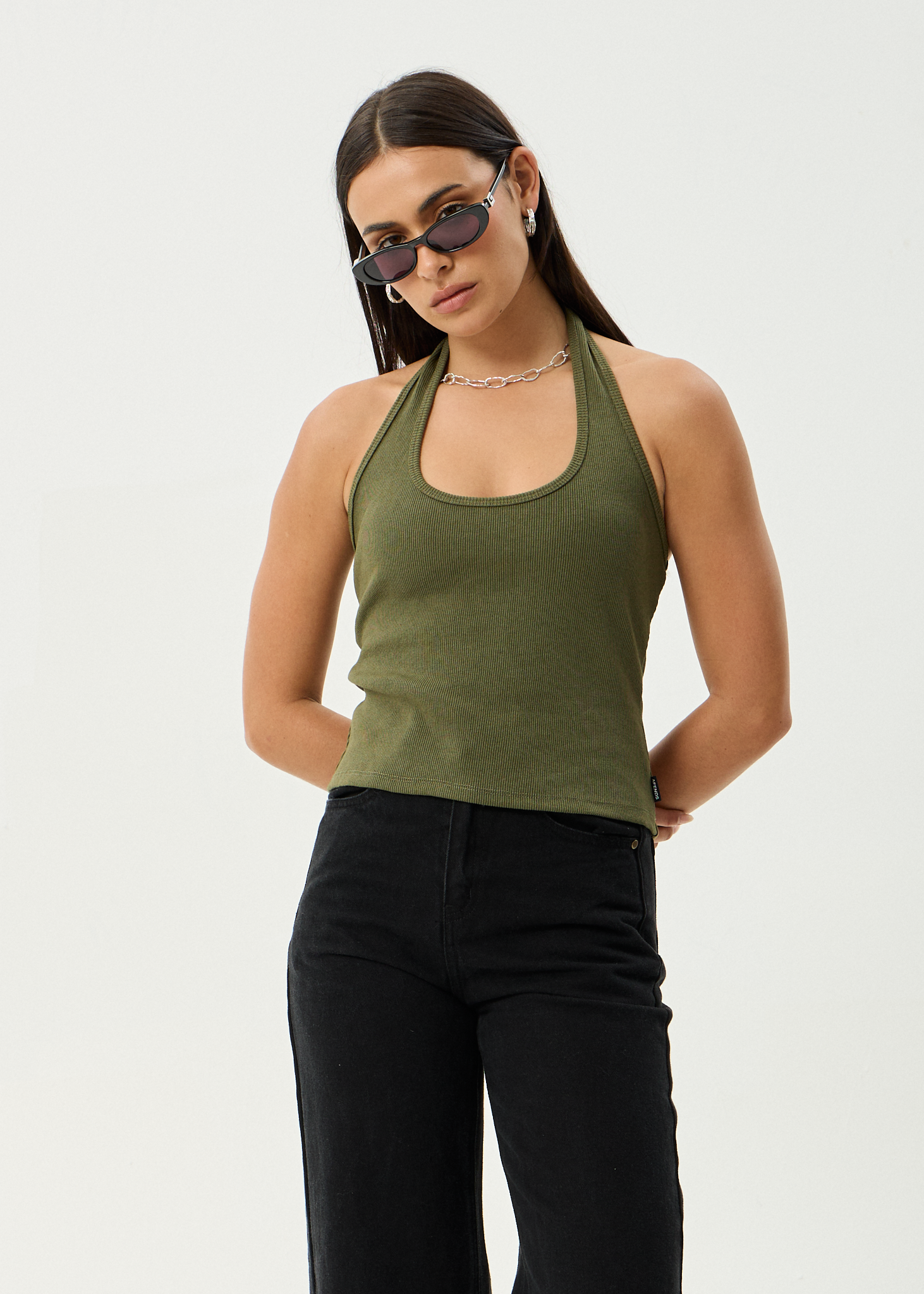 AFENDS Womens Basis - Rib Halter - Deep Olive
