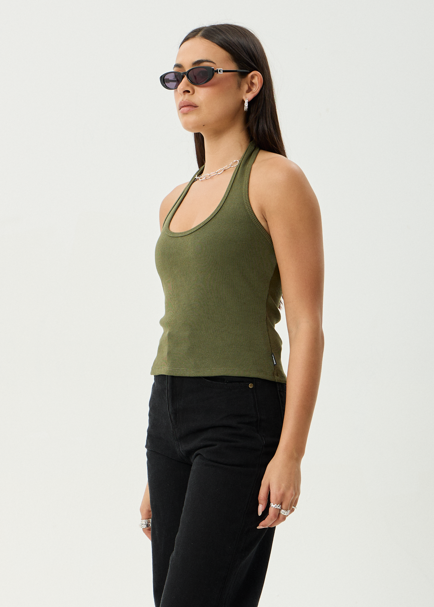 AFENDS Womens Basis - Rib Halter - Deep Olive