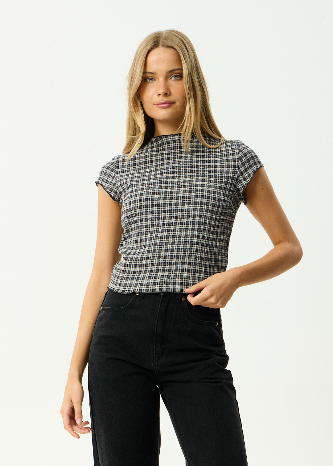 AFENDS Womens Wren Asta - Seersucker Top - Steel Check