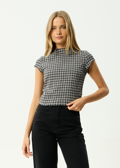 AFENDS Womens Wren Asta - Seersucker Top - Steel Check