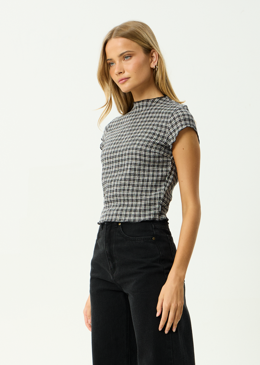 AFENDS Womens Wren Asta - Seersucker Top - Steel Check