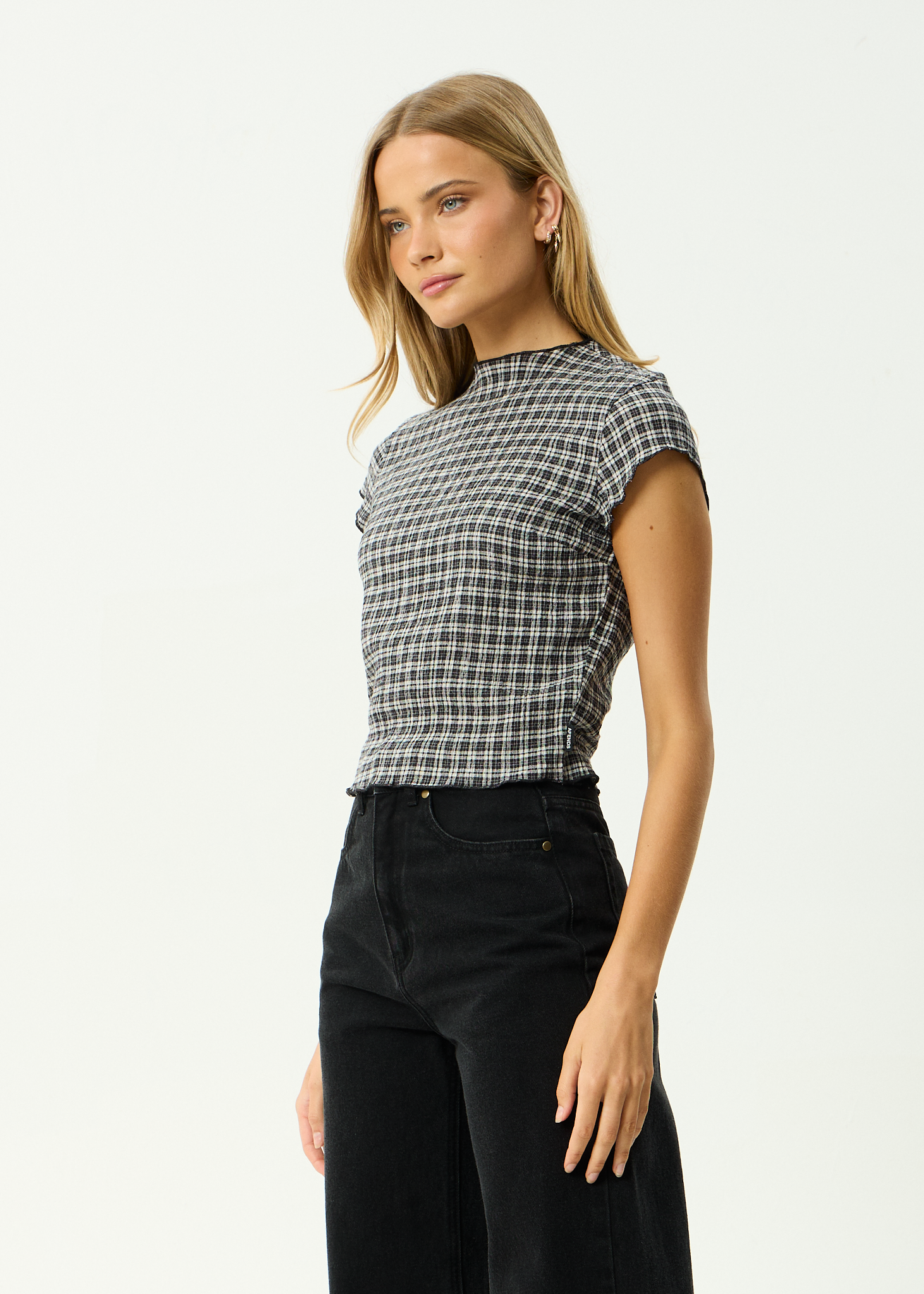 AFENDS Womens Wren Asta - Seersucker Top - Steel Check