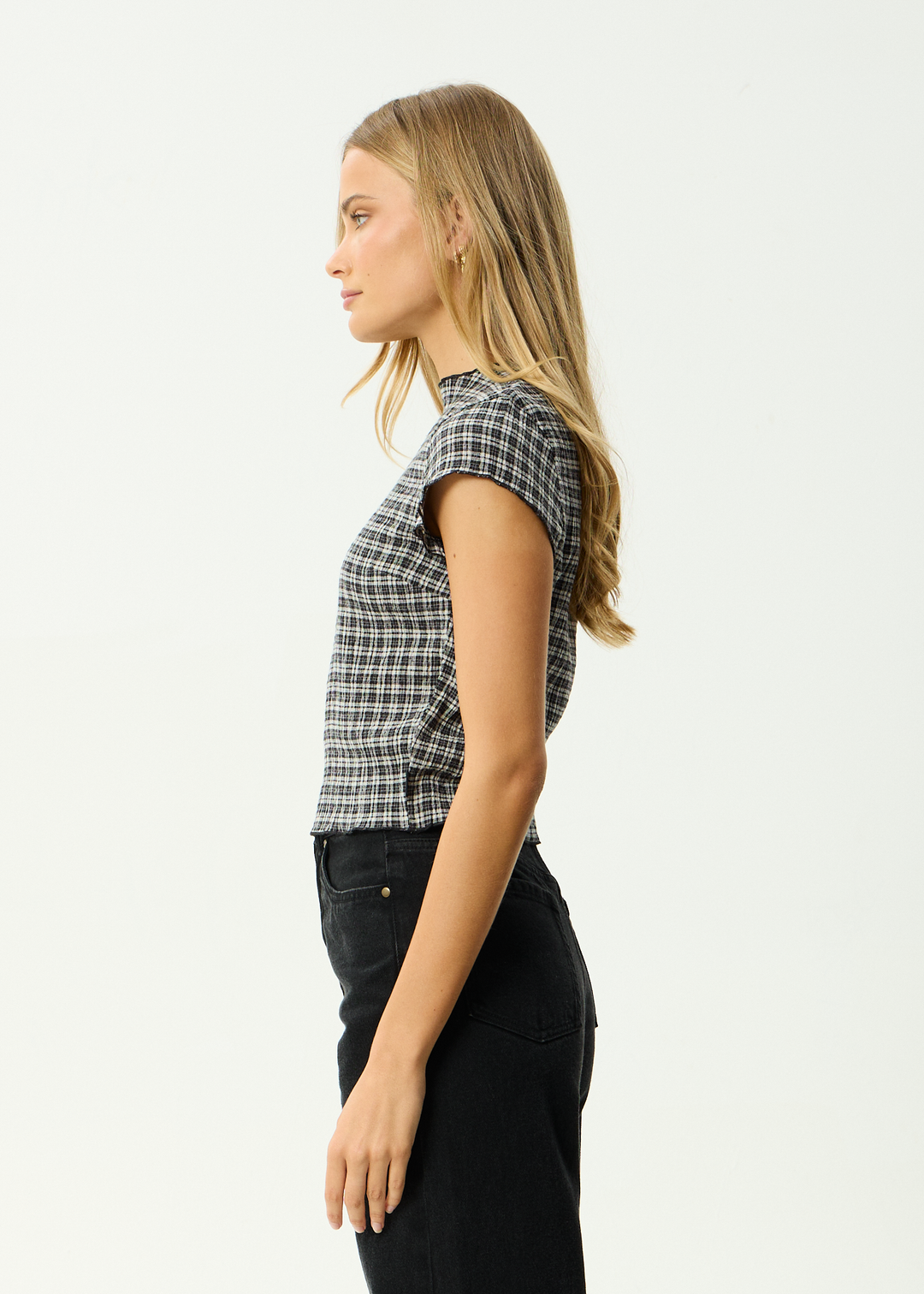 AFENDS Womens Wren Asta - Seersucker Top - Steel Check