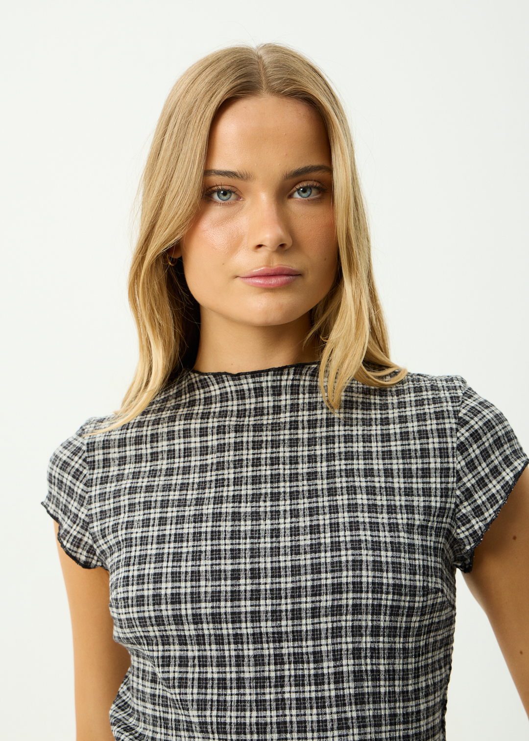 AFENDS Womens Wren Asta - Seersucker Top - Steel Check