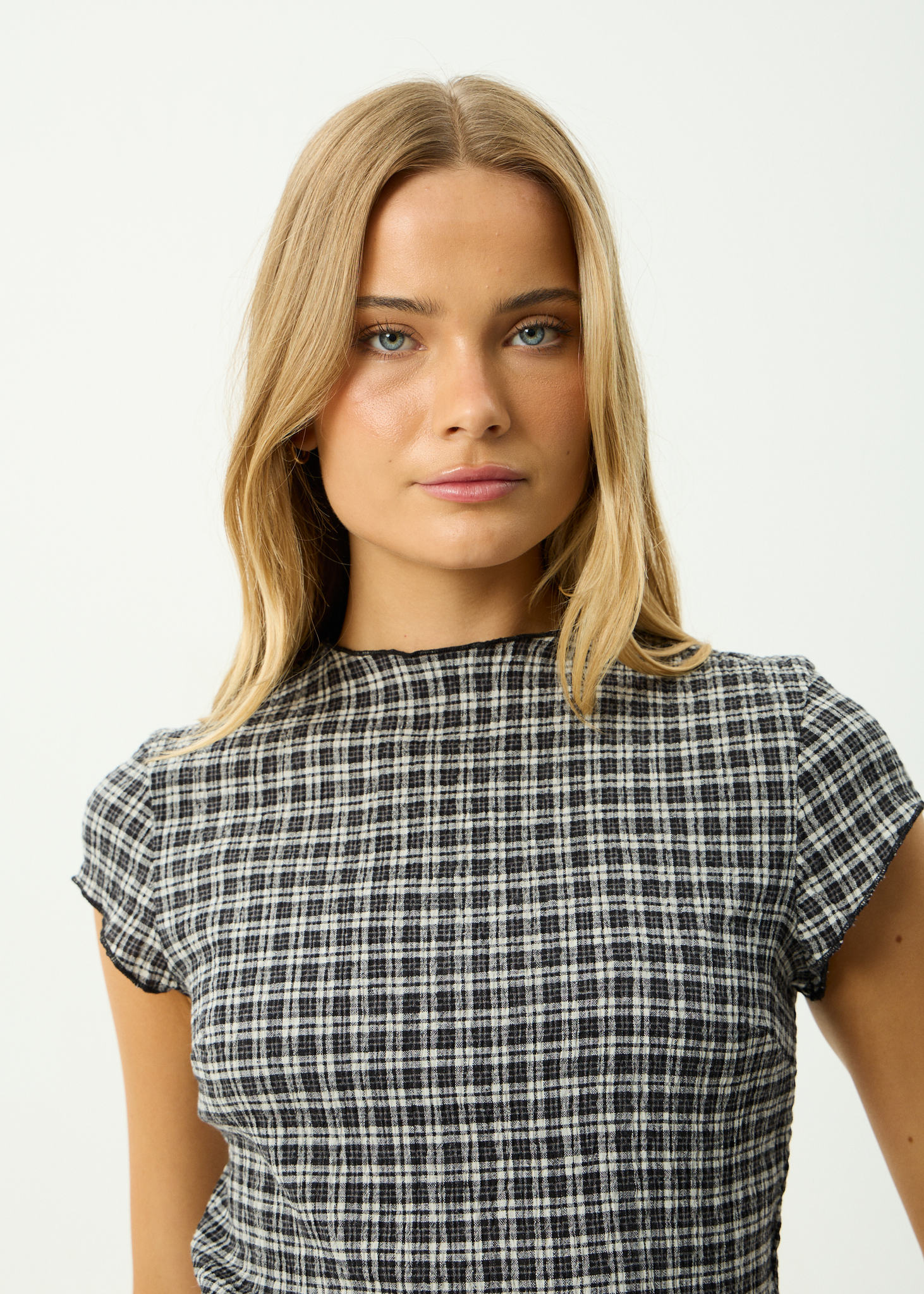 AFENDS Womens Wren Asta - Seersucker Top - Steel Check