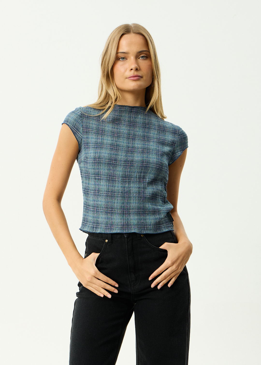 AFENDS Womens Wren Position - Seersucker Top - Navy Check