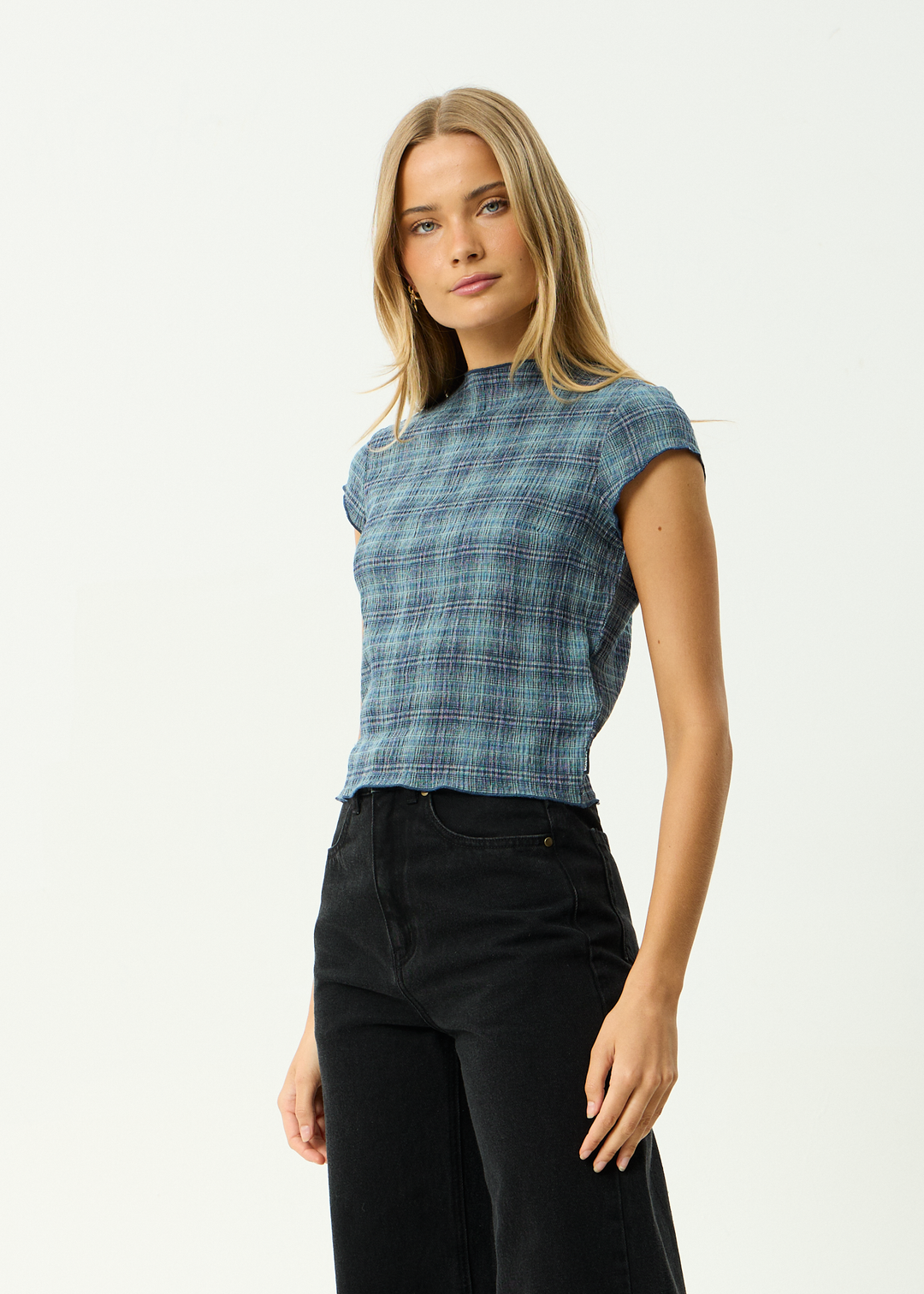 AFENDS Womens Wren Position - Seersucker Top - Navy Check