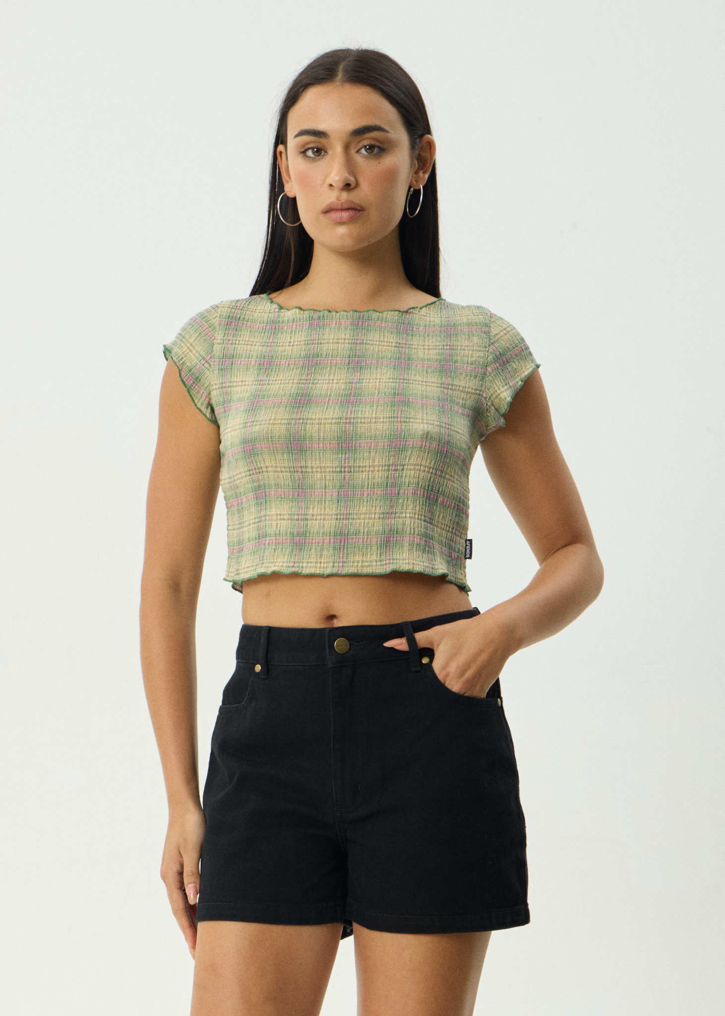 AFENDS Womens Darcy Position - Seersucker Top - Green Check