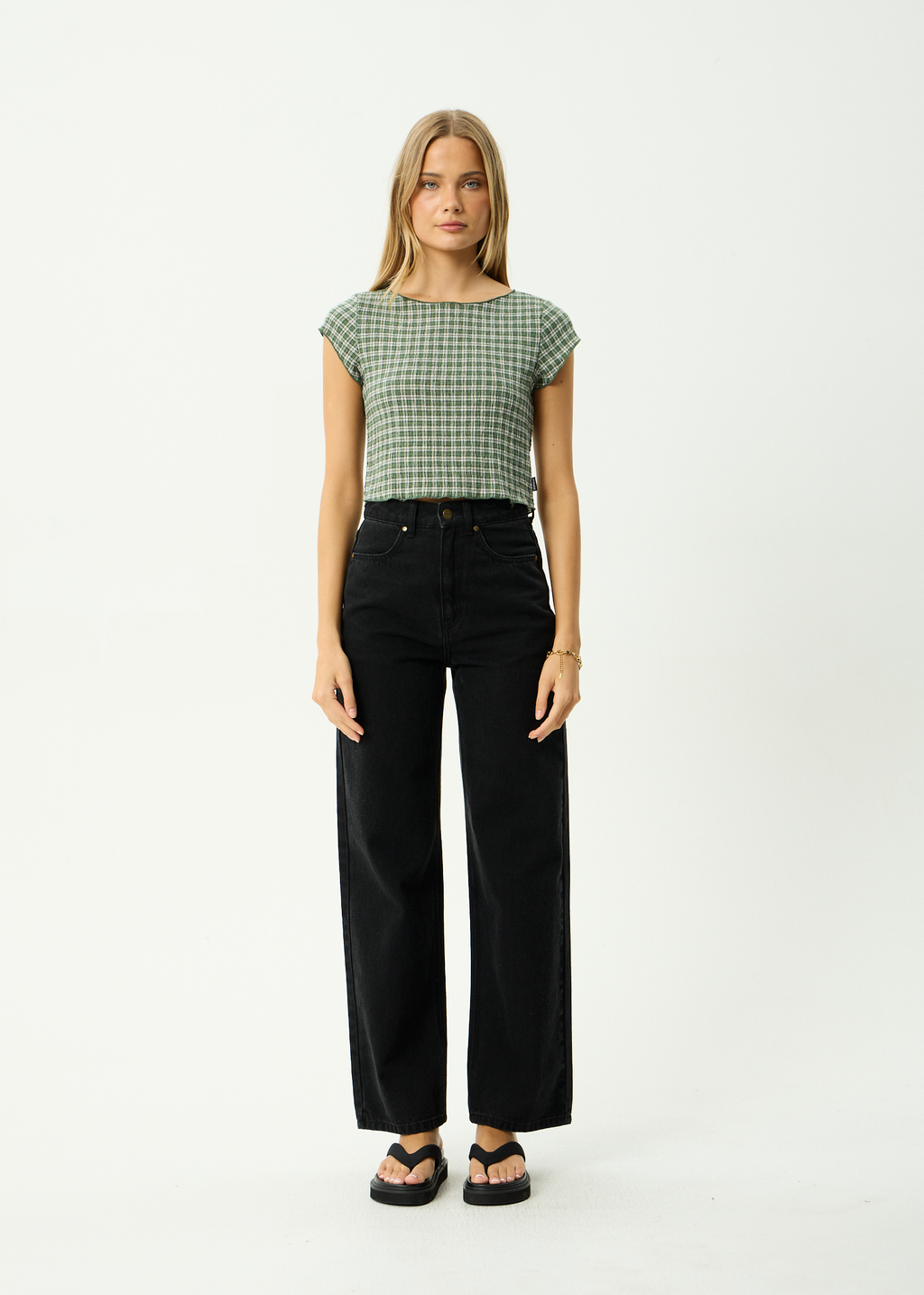 AFENDS Womens Darcy Base - Seersucker Top - Deep Green Check