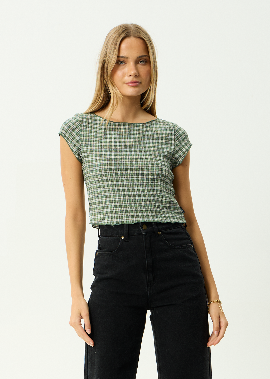AFENDS Womens Darcy Base - Seersucker Top - Deep Green Check