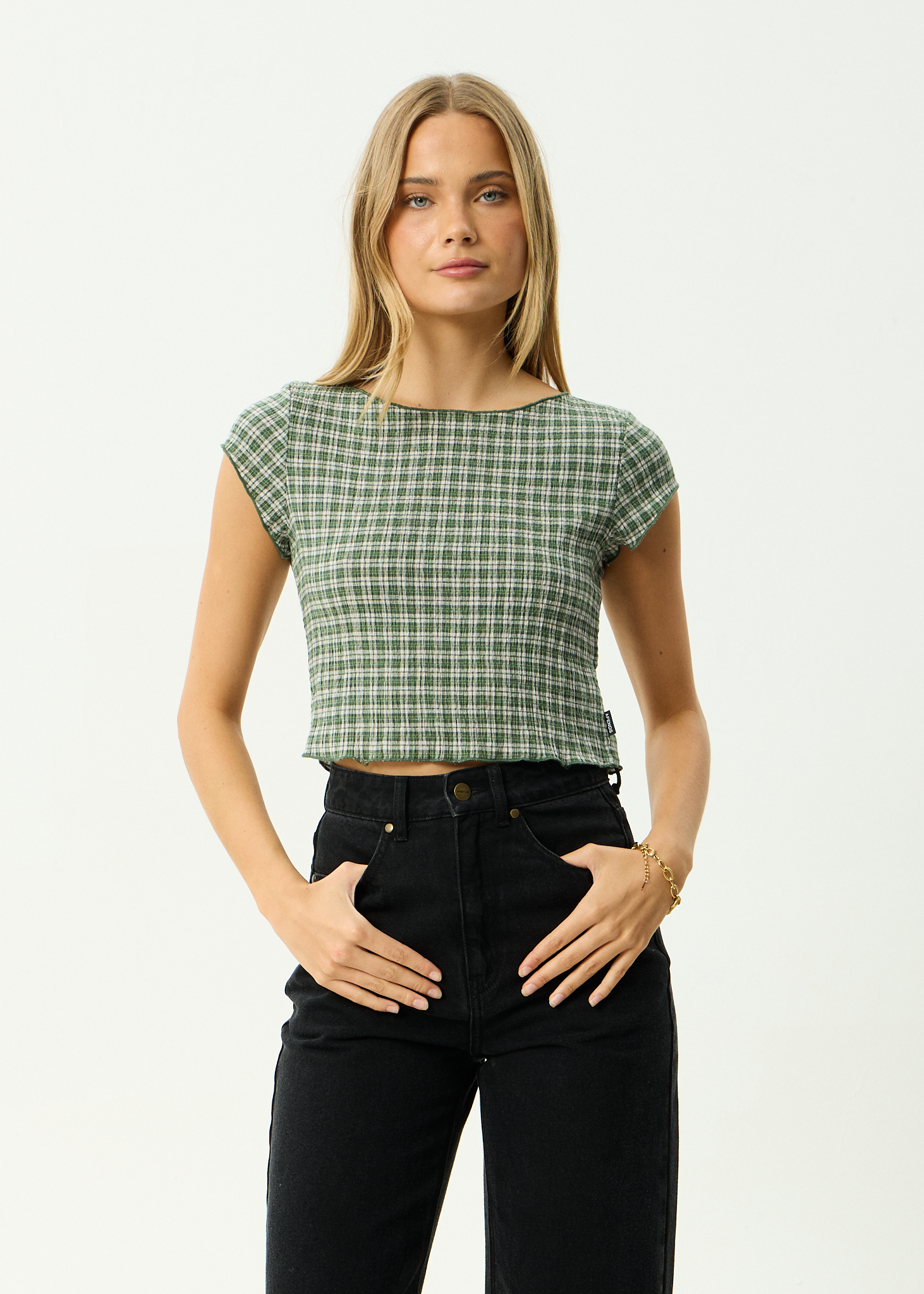AFENDS Womens Darcy Base - Seersucker Top - Deep Green Check