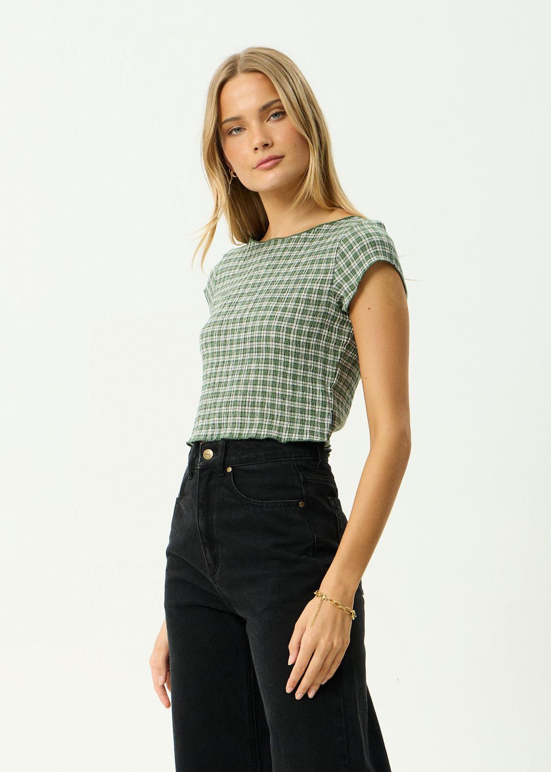 AFENDS Womens Darcy Base - Seersucker Top - Deep Green Check