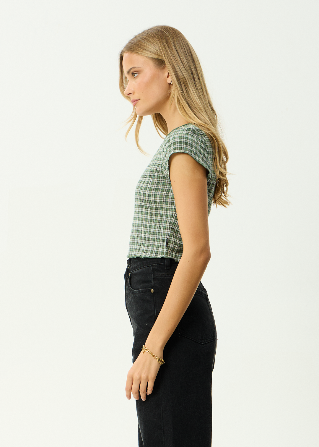 AFENDS Womens Darcy Base - Seersucker Top - Deep Green Check