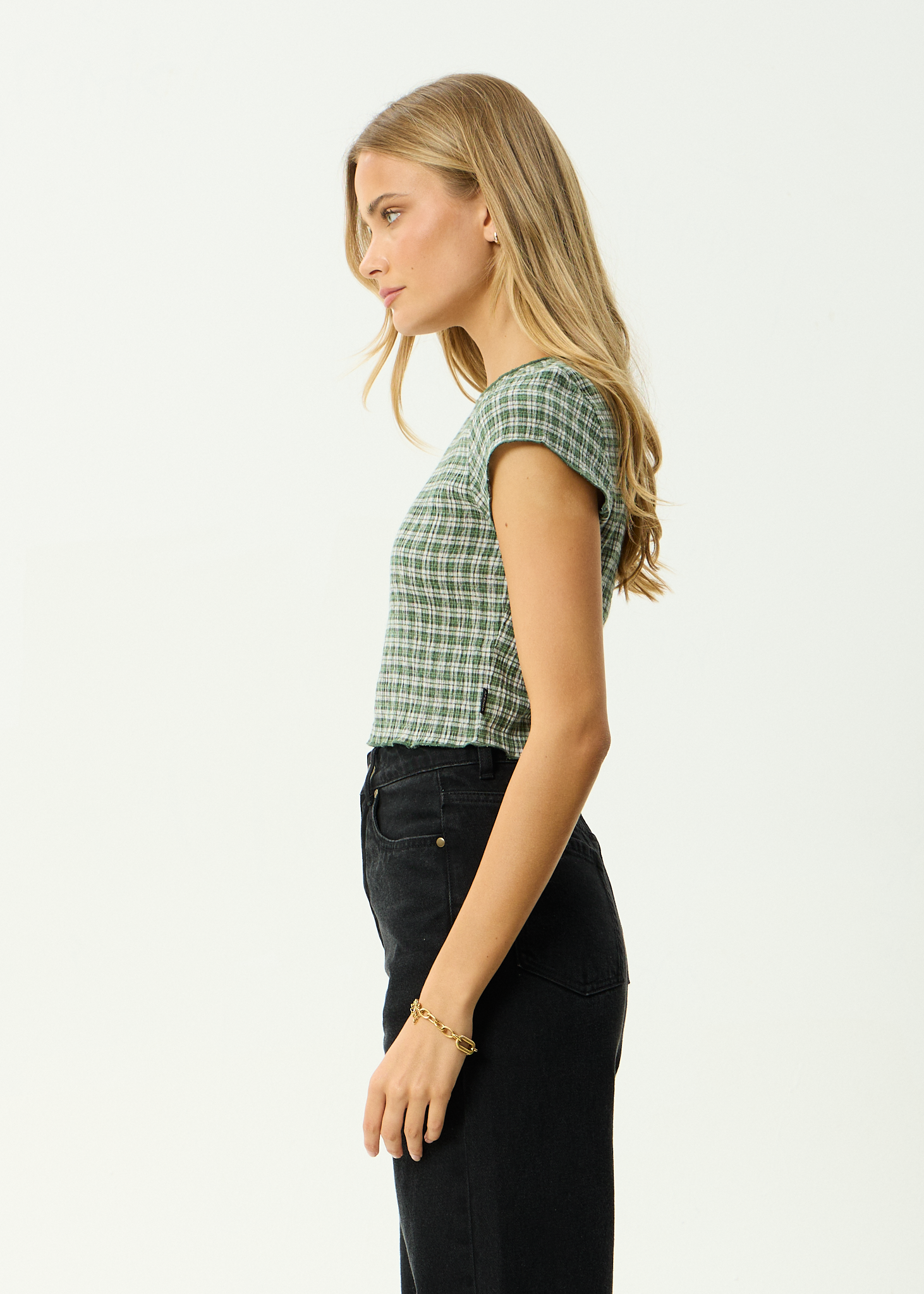 AFENDS Womens Darcy Base - Seersucker Top - Deep Green Check