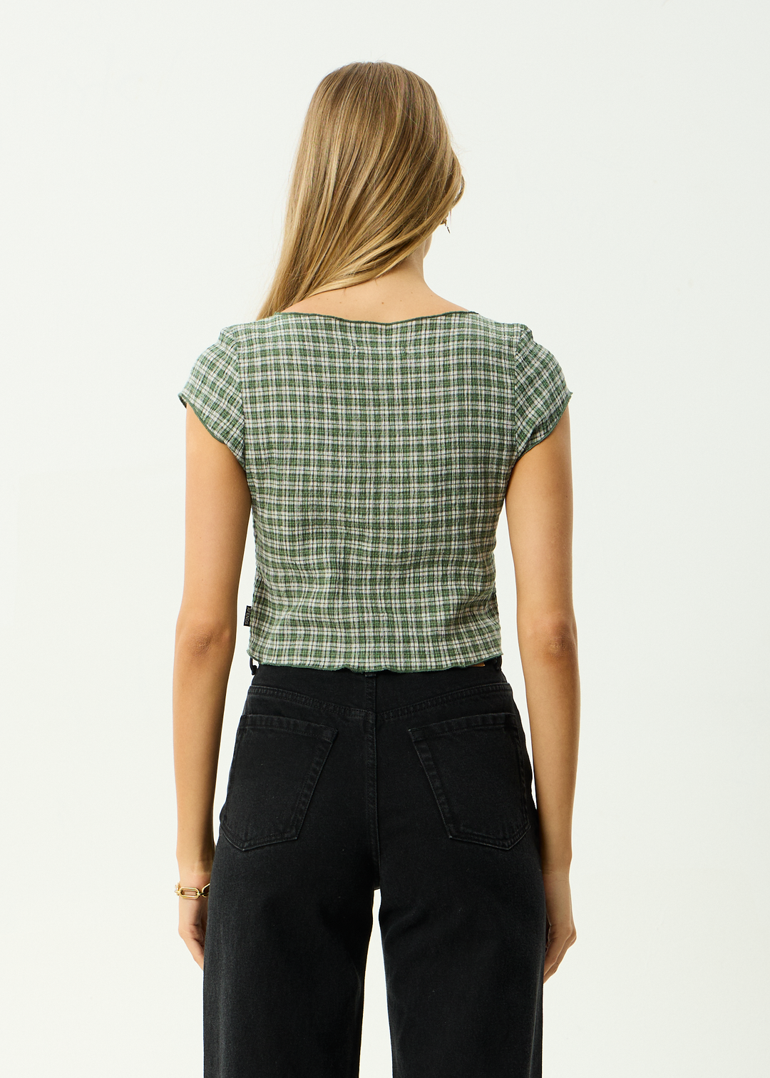 AFENDS Womens Darcy Base - Seersucker Top - Deep Green Check