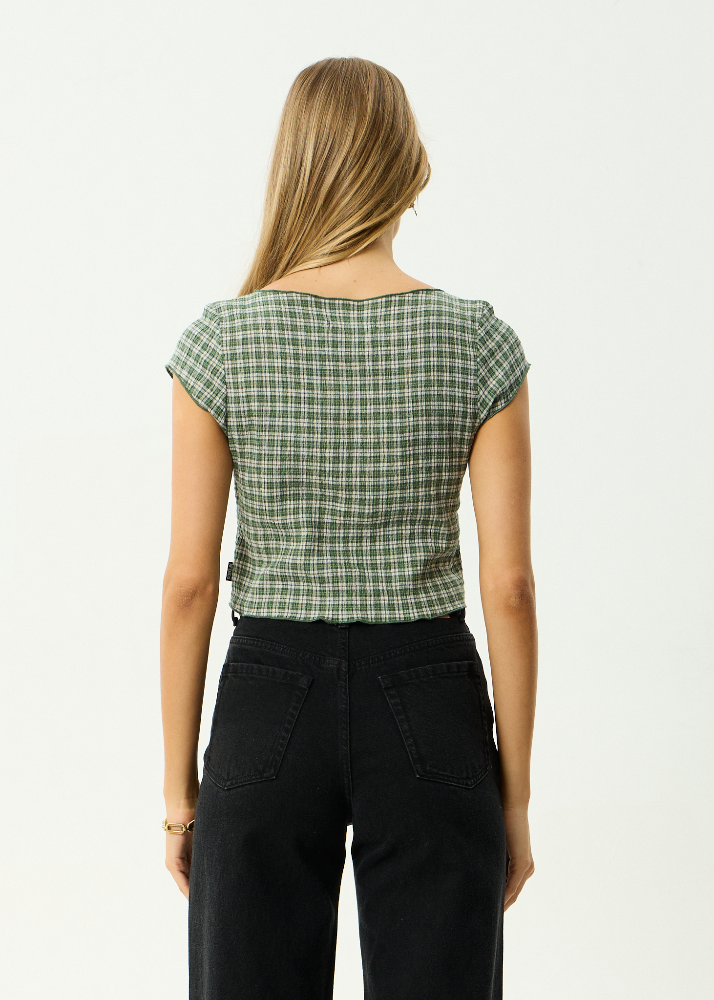 AFENDS Womens Darcy Base - Seersucker Top - Deep Green Check