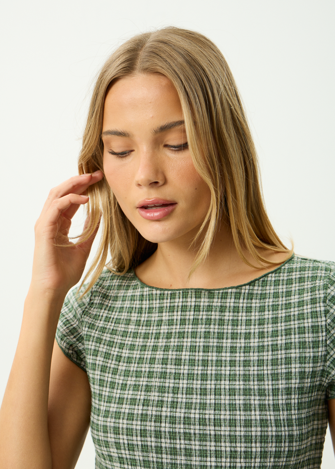 AFENDS Womens Darcy Base - Seersucker Top - Deep Green Check