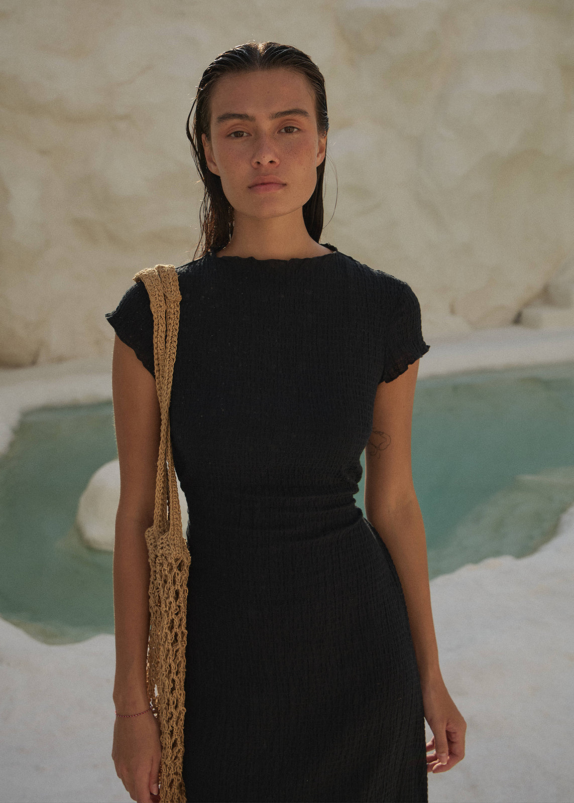 AFENDS Womens Elodie - Seersucker Midi Dress - Black
