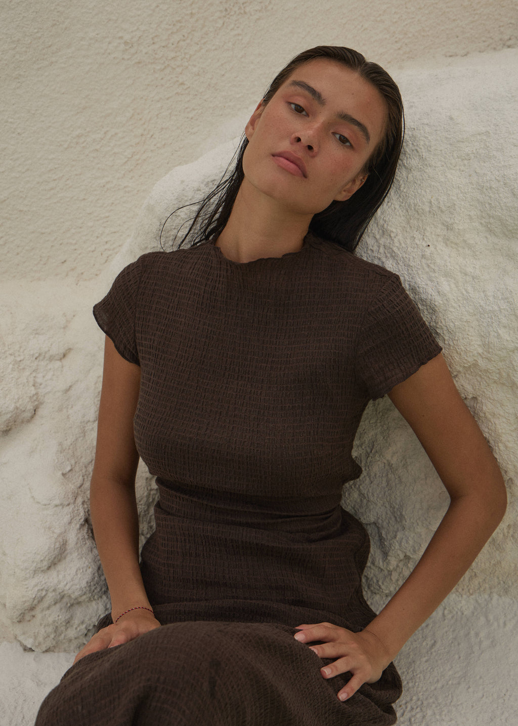 AFENDS Womens Elodie - Seersucker Midi Dress - Coffee