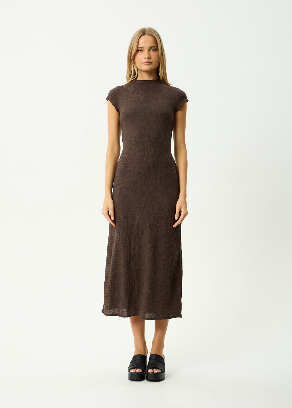 AFENDS Womens Focus Elodie - Seersucker Midi Dress - Coffee