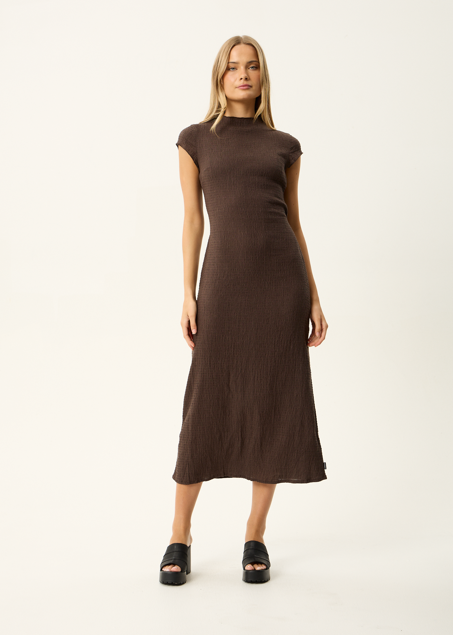 AFENDS Womens Focus Elodie - Seersucker Midi Dress - Coffee