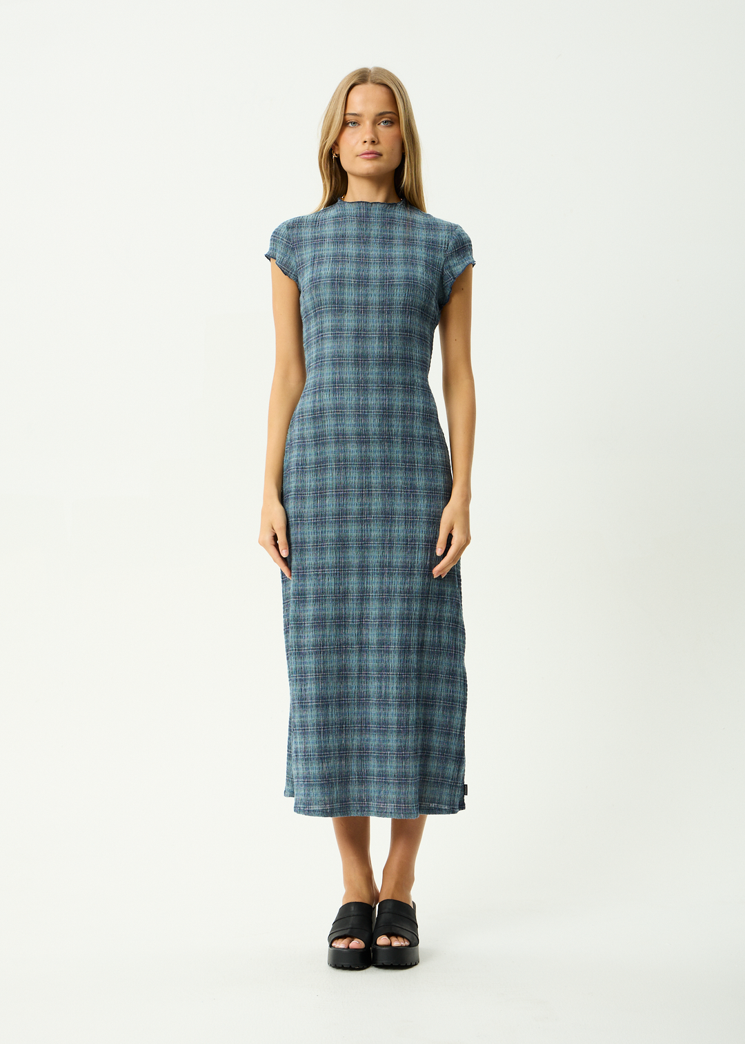 AFENDS Womens Position Elodie - Seersucker Midi Dress - Navy Check