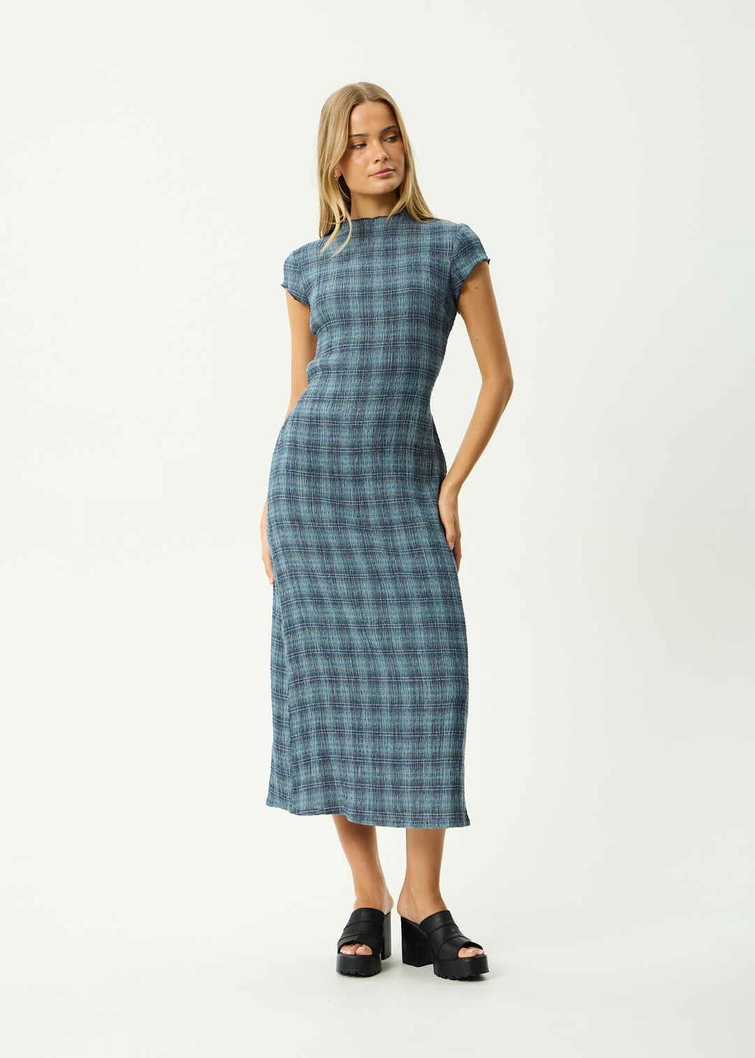 AFENDS Womens Position Elodie - Seersucker Midi Dress - Navy Check