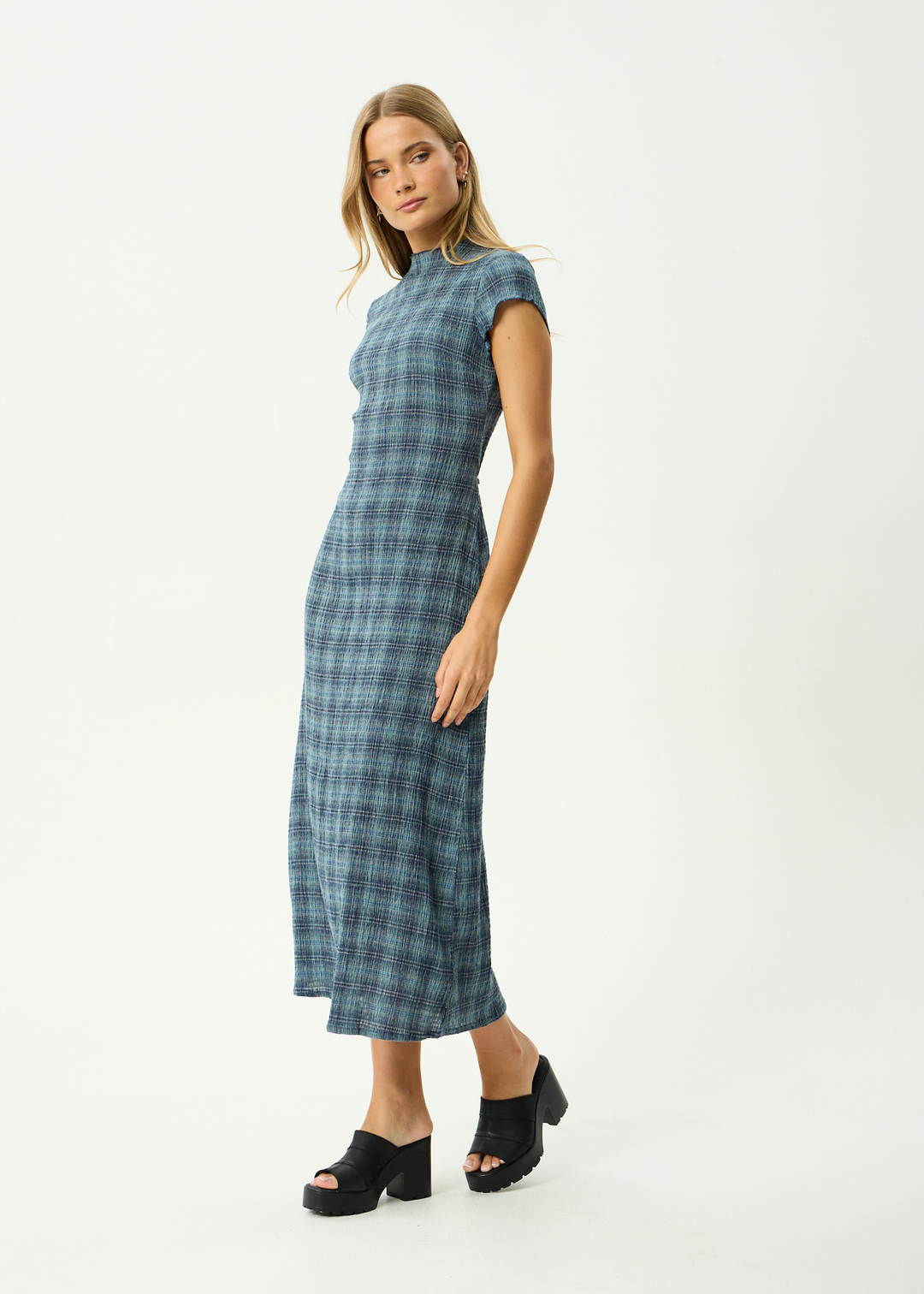 AFENDS Womens Position Elodie - Seersucker Midi Dress - Navy Check