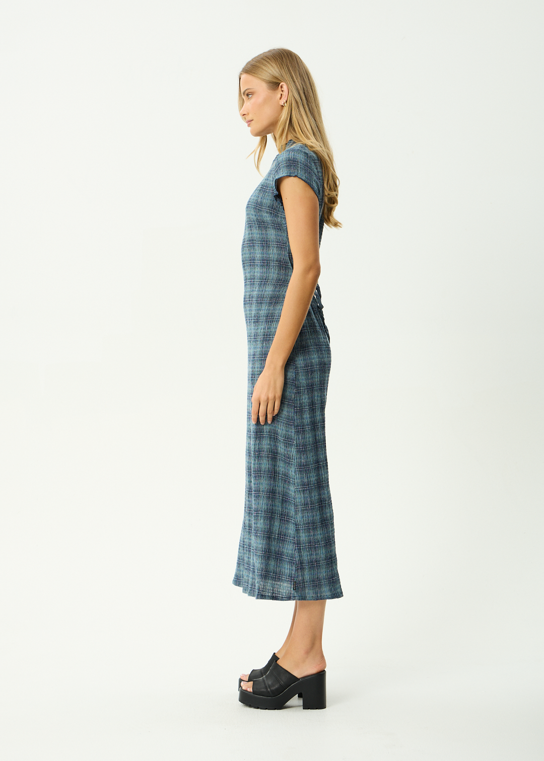 AFENDS Womens Position Elodie - Seersucker Midi Dress - Navy Check