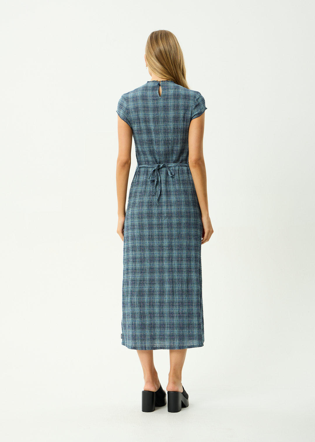AFENDS Womens Position Elodie - Seersucker Midi Dress - Navy Check