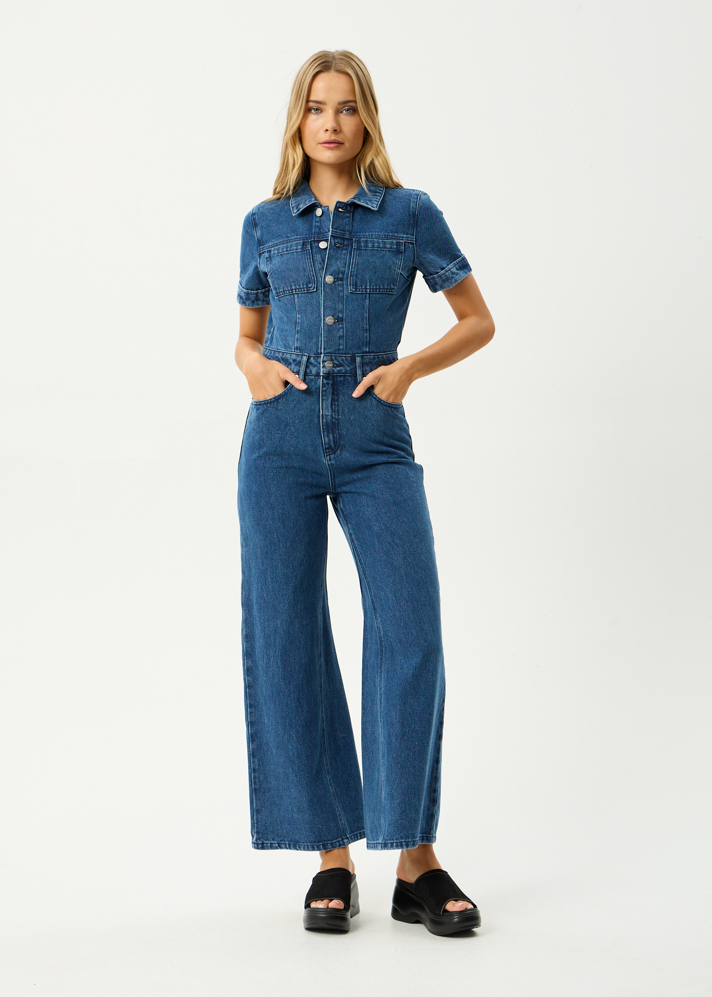 AFENDS Womens Miami - Denim Flared Leg Jumpsuit - Authentic Blue