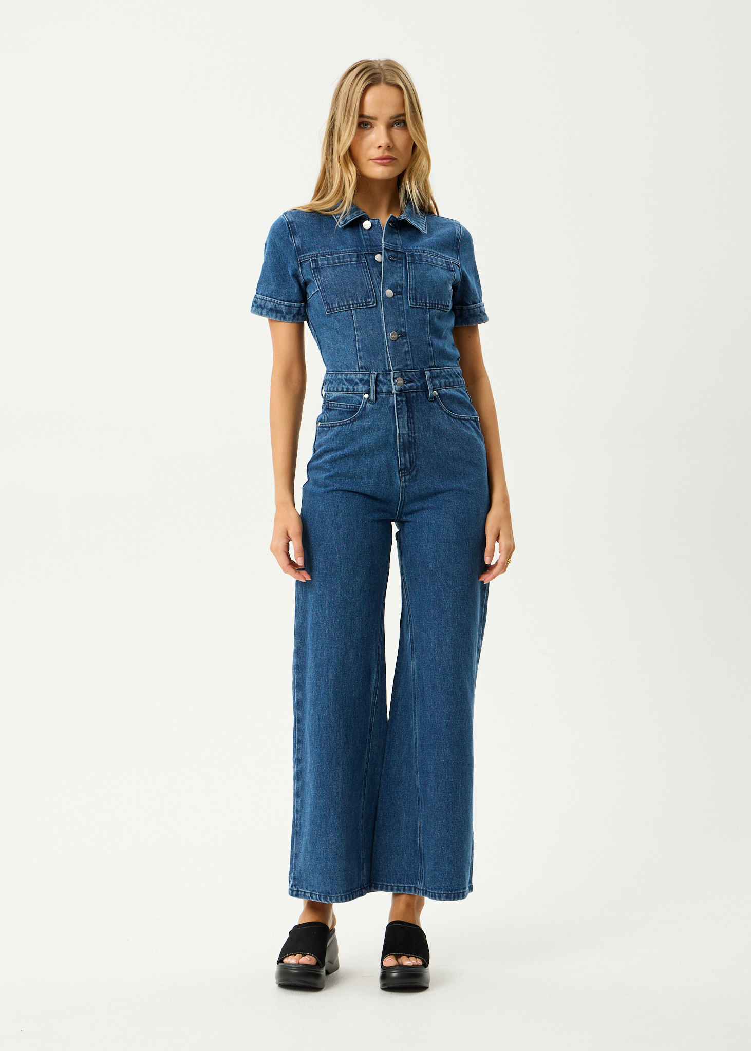 AFENDS Womens Miami - Denim Flared Leg Jumpsuit - Authentic Blue
